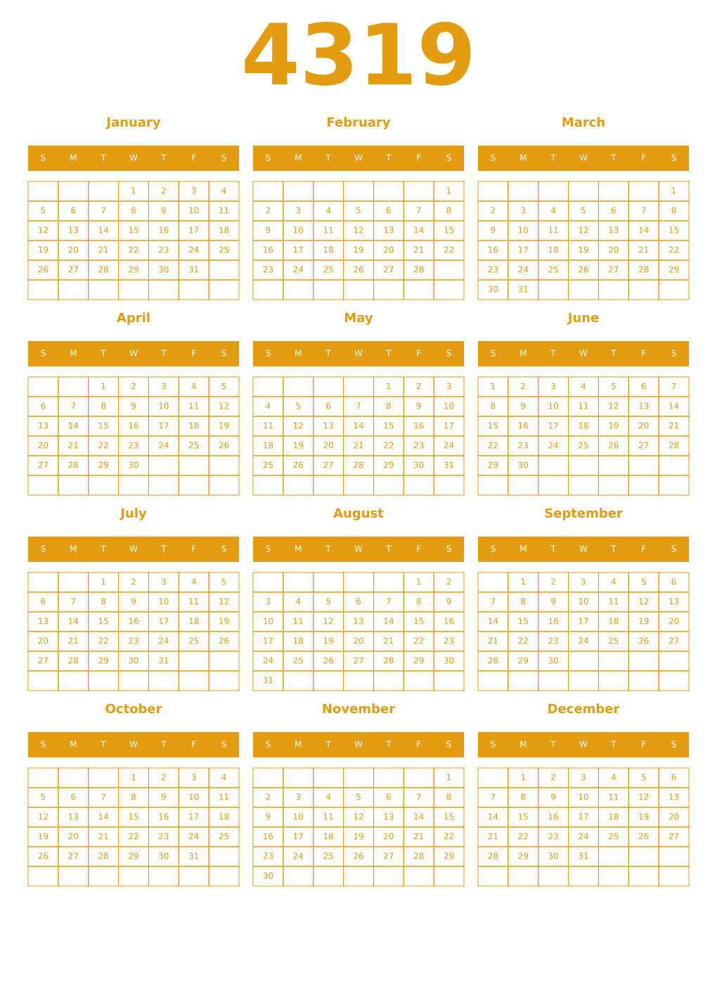 Printable 4319 Year Calendars gamboge