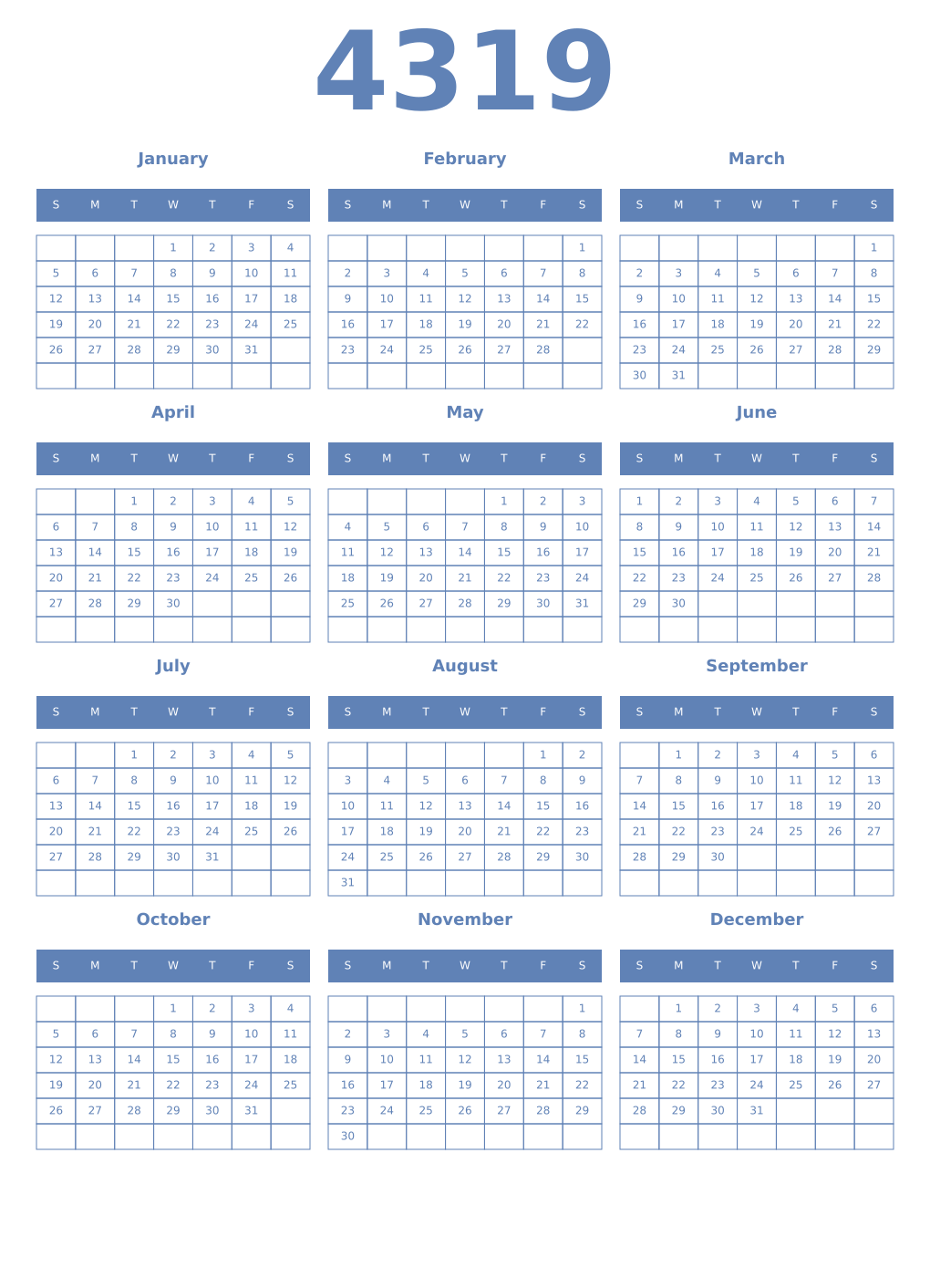 Printable 4319 Year Calendars glaucous