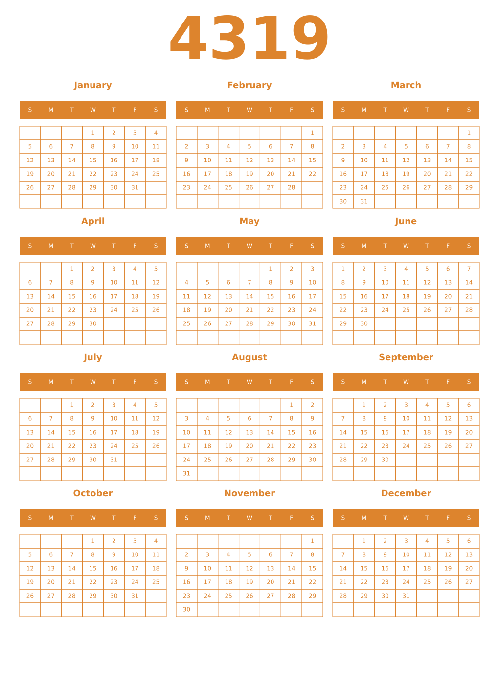 Printable 4319 Year Calendars orange