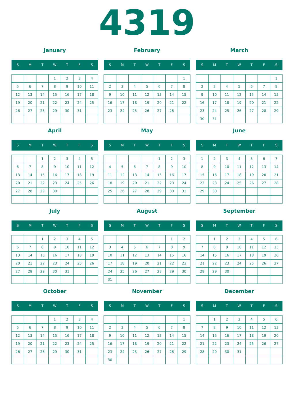 Printable 4319 Year Calendars pastel