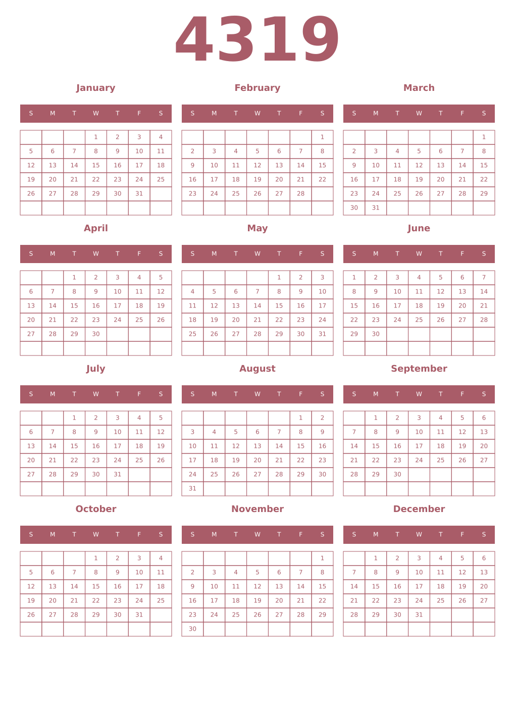 Printable 4319 Year Calendars puce