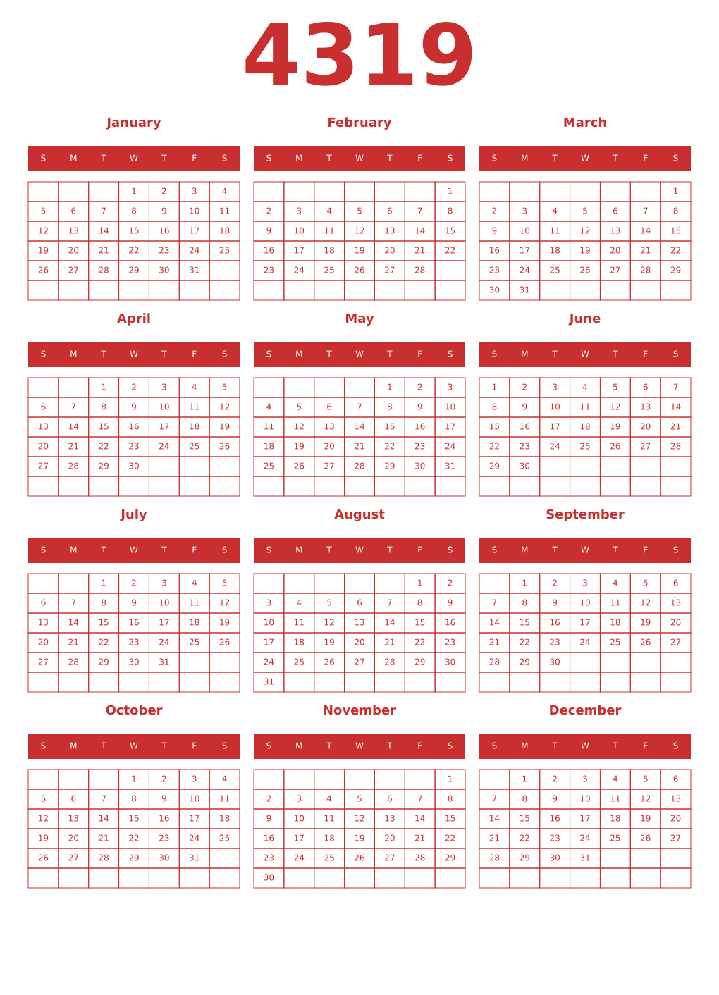 Printable 4319 Year Calendars red