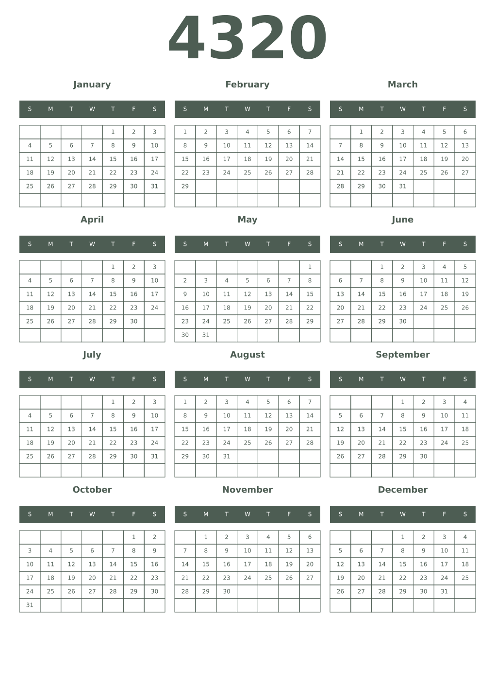 Printable 4320 Year Calendars feldgrau