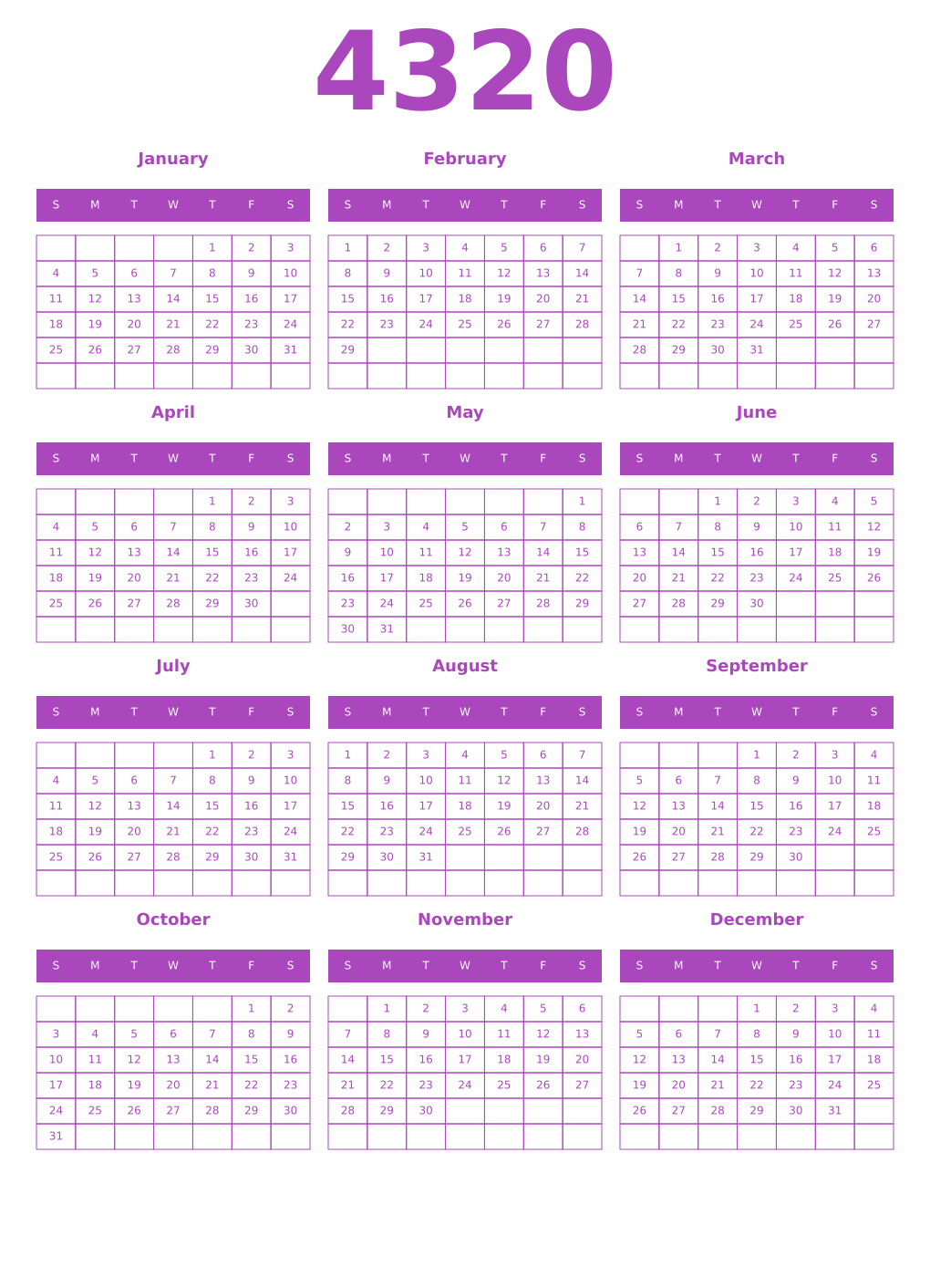 Printable 4320 Year Calendars purple