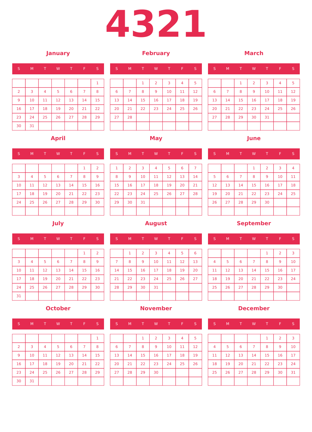 Printable 4321 Year Calendars amaranth