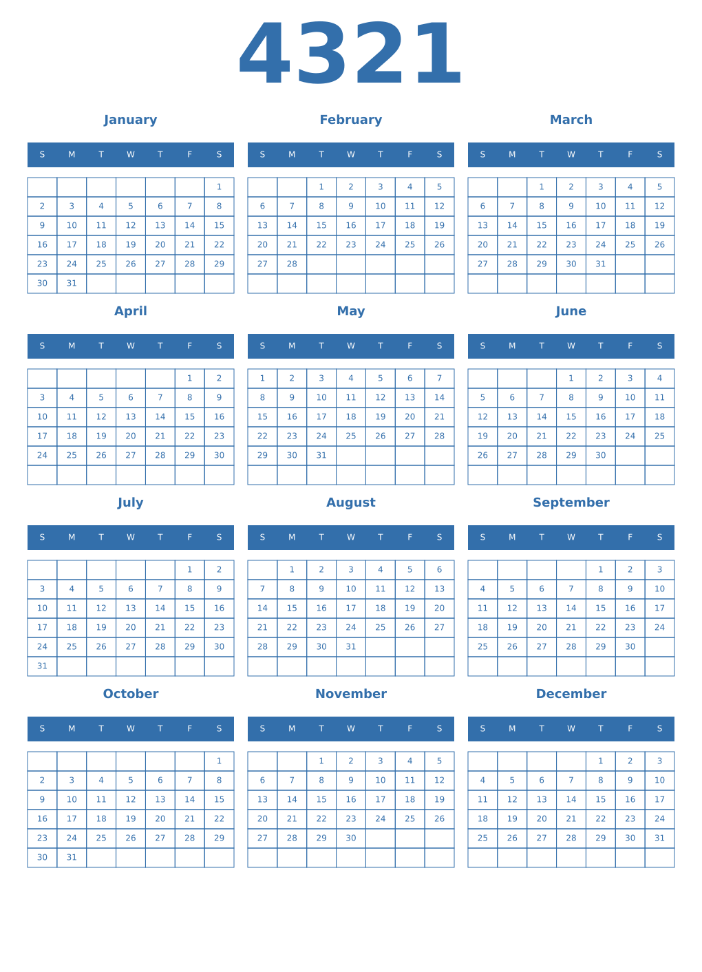 Printable 4321 Year Calendars blue