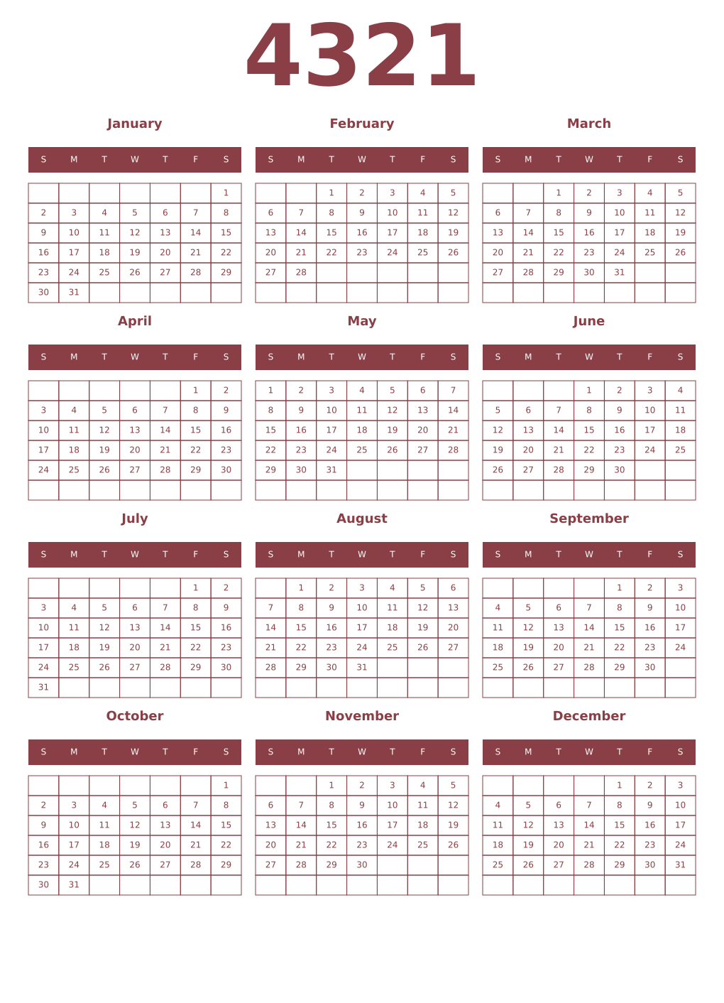 Printable 4321 Year Calendars cordovan