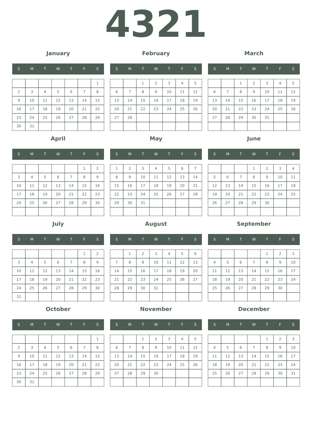 Printable 4321 Year Calendars feldgrau