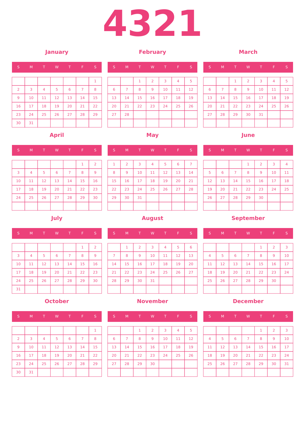 Printable 4321 Year Calendars pink