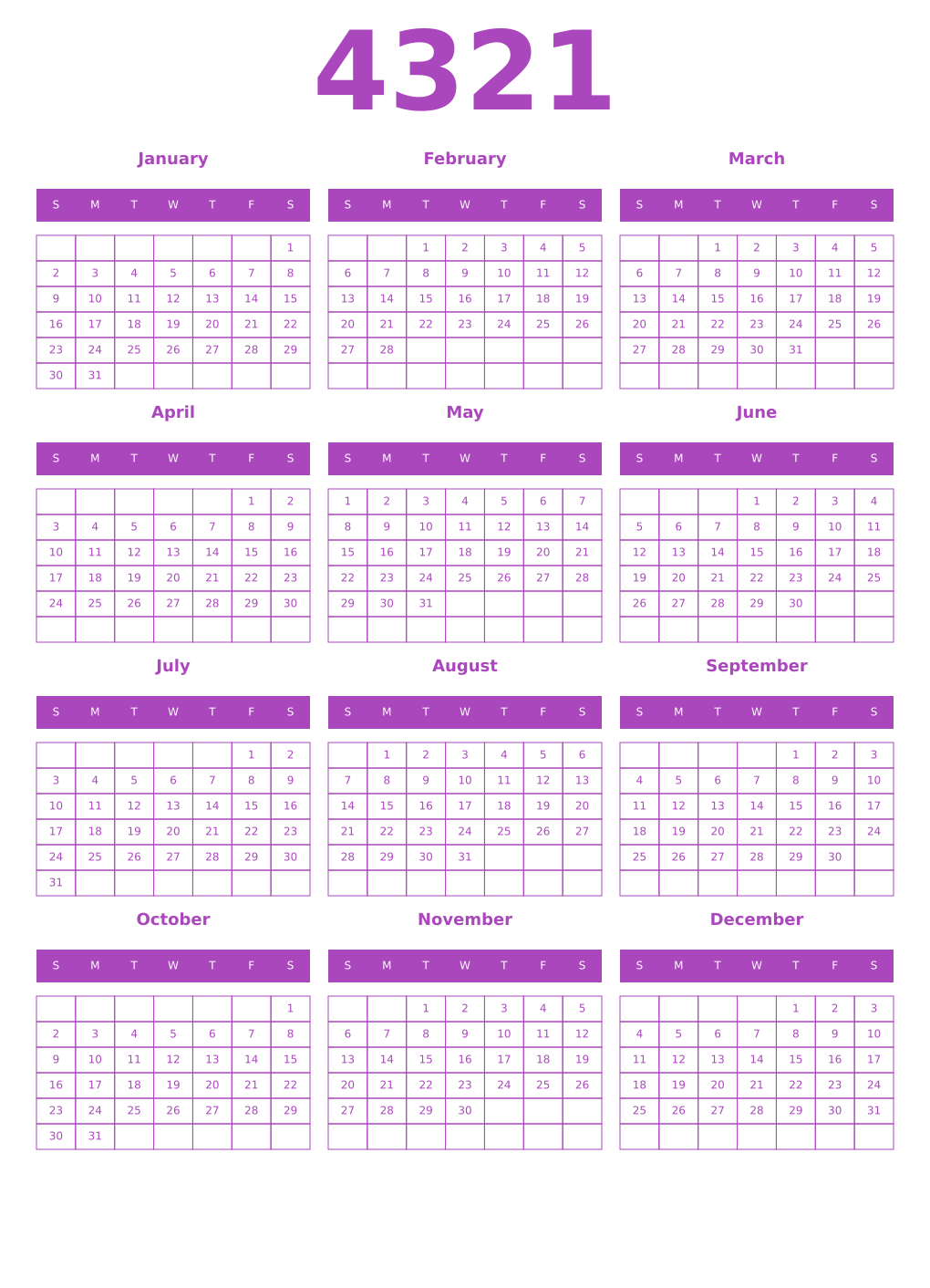 Printable 4321 Year Calendars purple