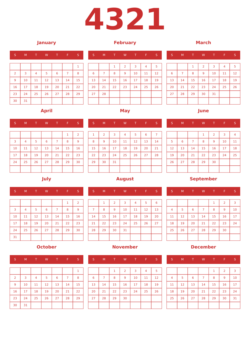 Printable 4321 Year Calendars red
