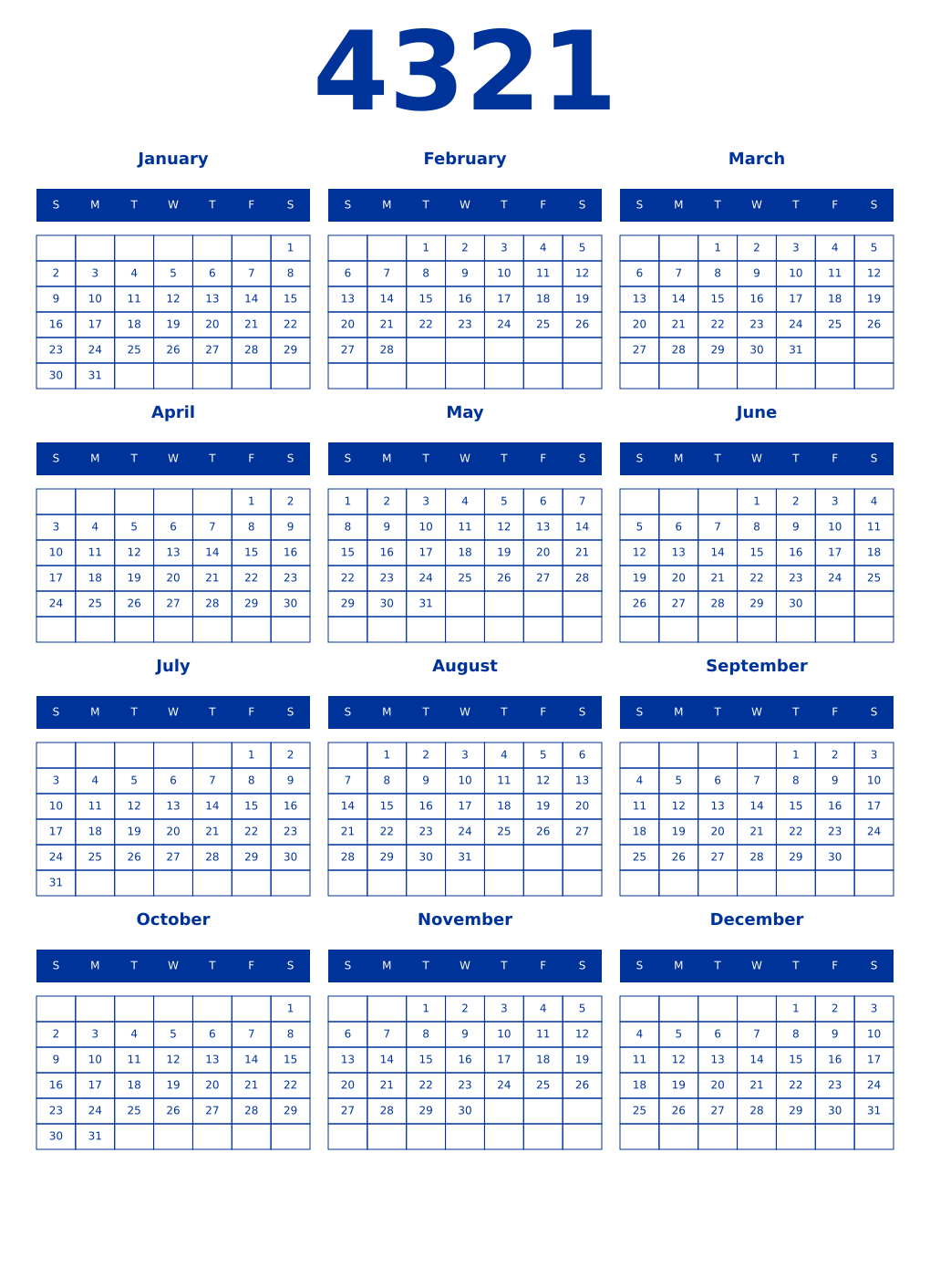Printable 4321 Year Calendars smalt