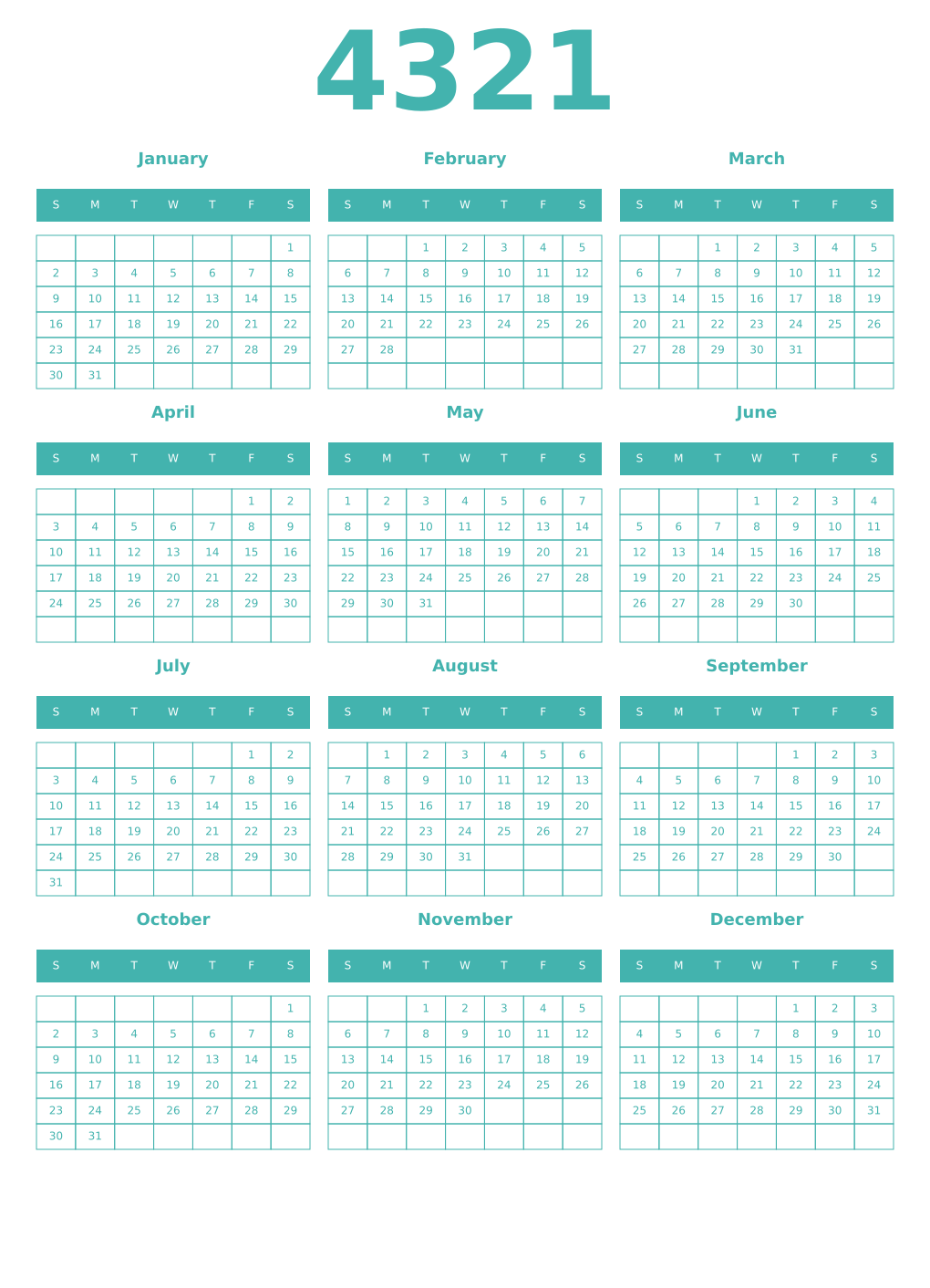 Printable 4321 Year Calendars verdigris