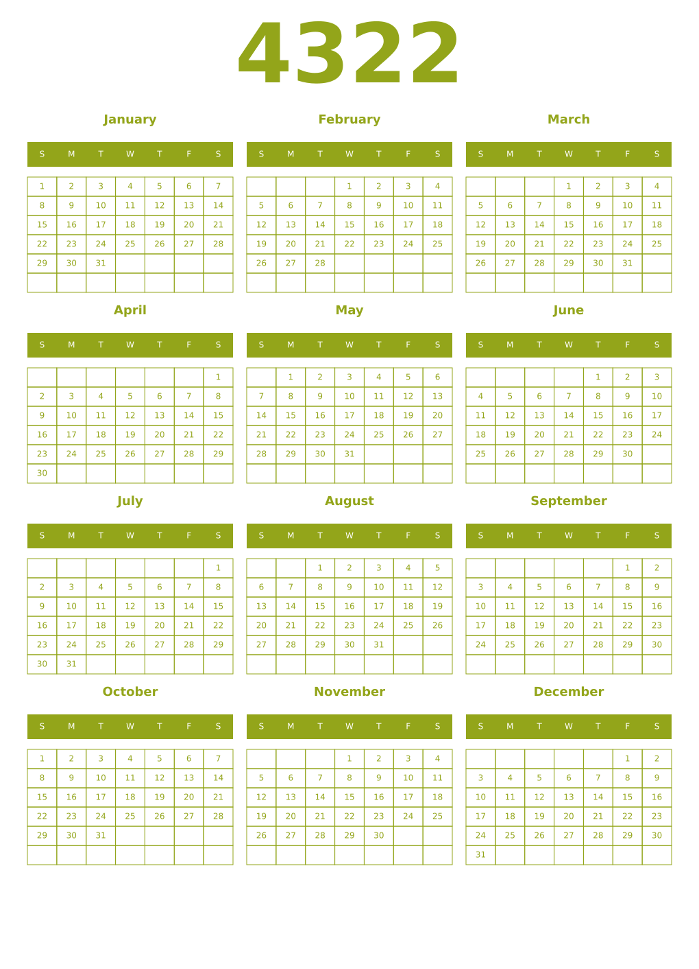 Printable 4322 Year Calendars chartreuse