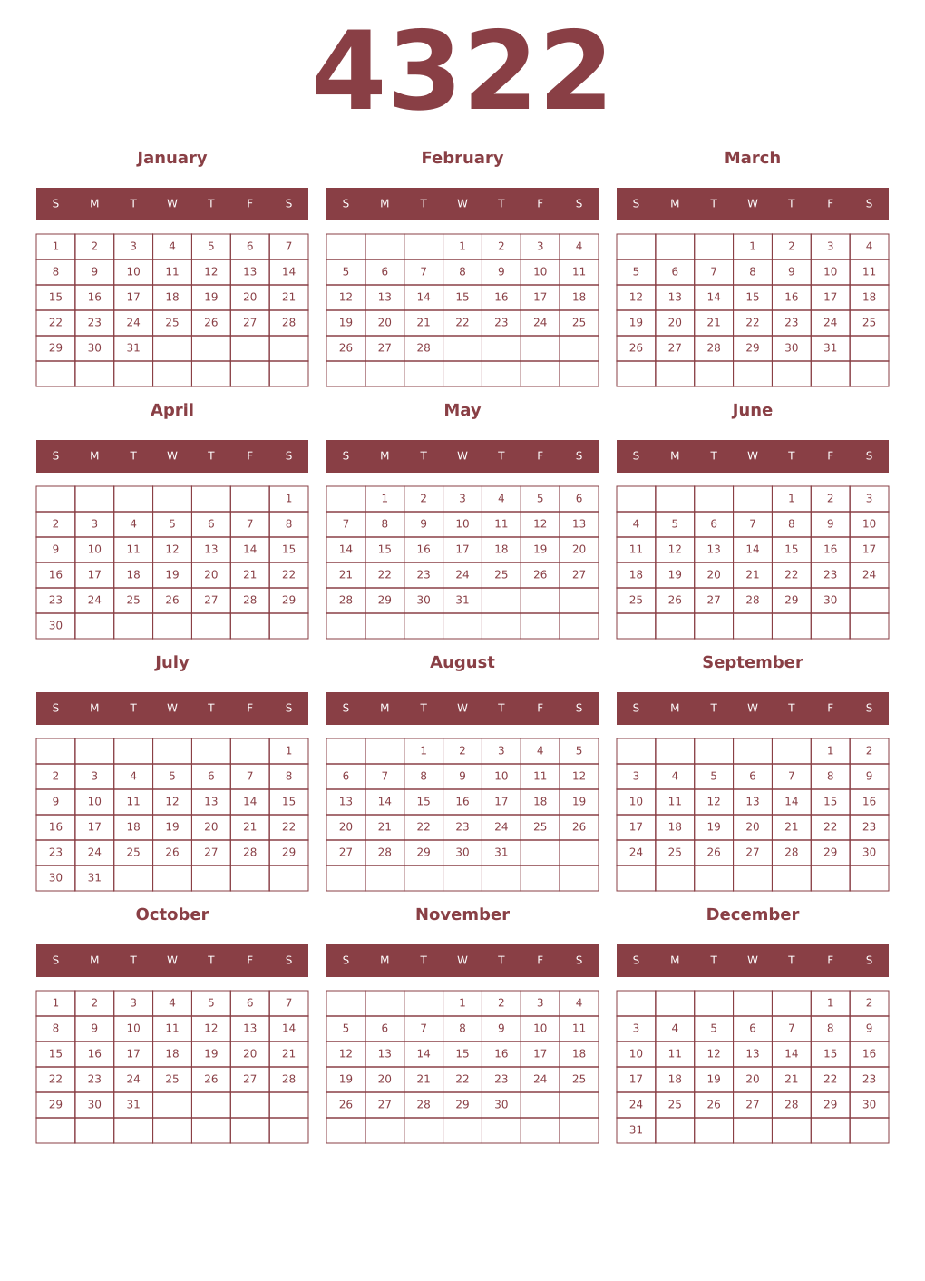 Printable 4322 Year Calendars cordovan