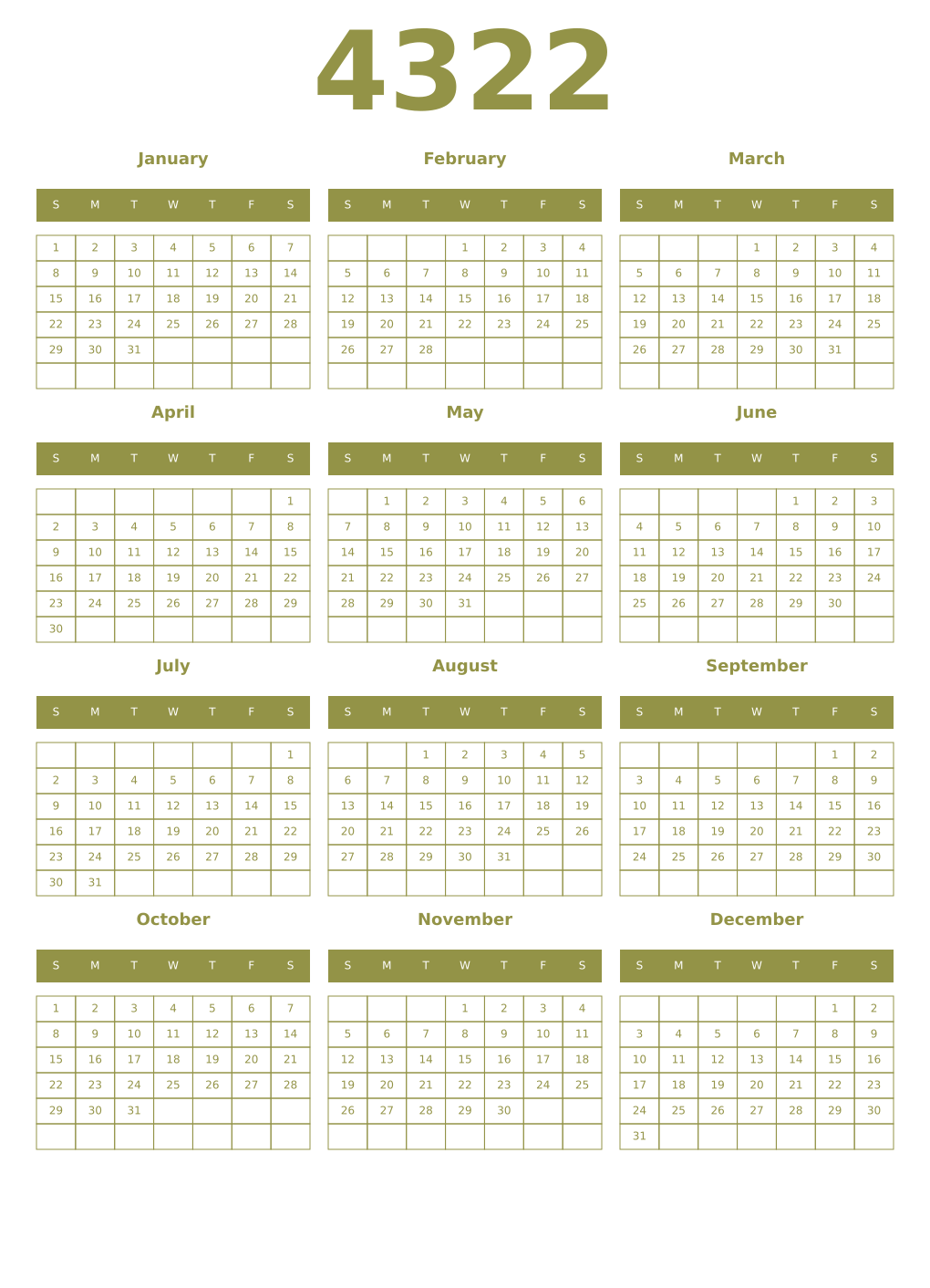 Printable 4322 Year Calendars eburnean