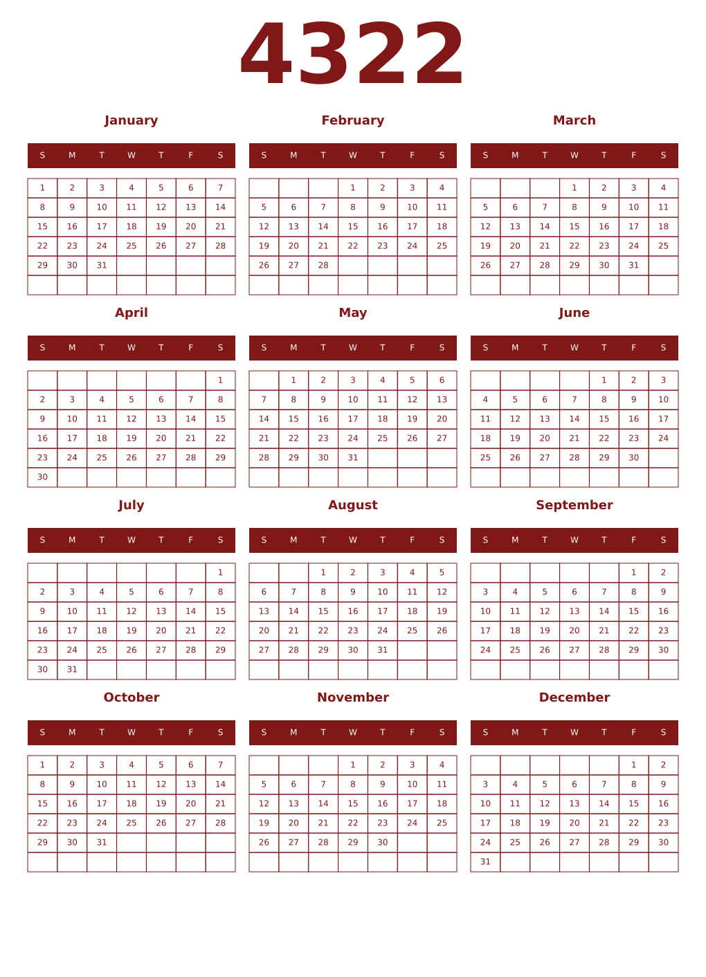Printable 4322 Year Calendars falu