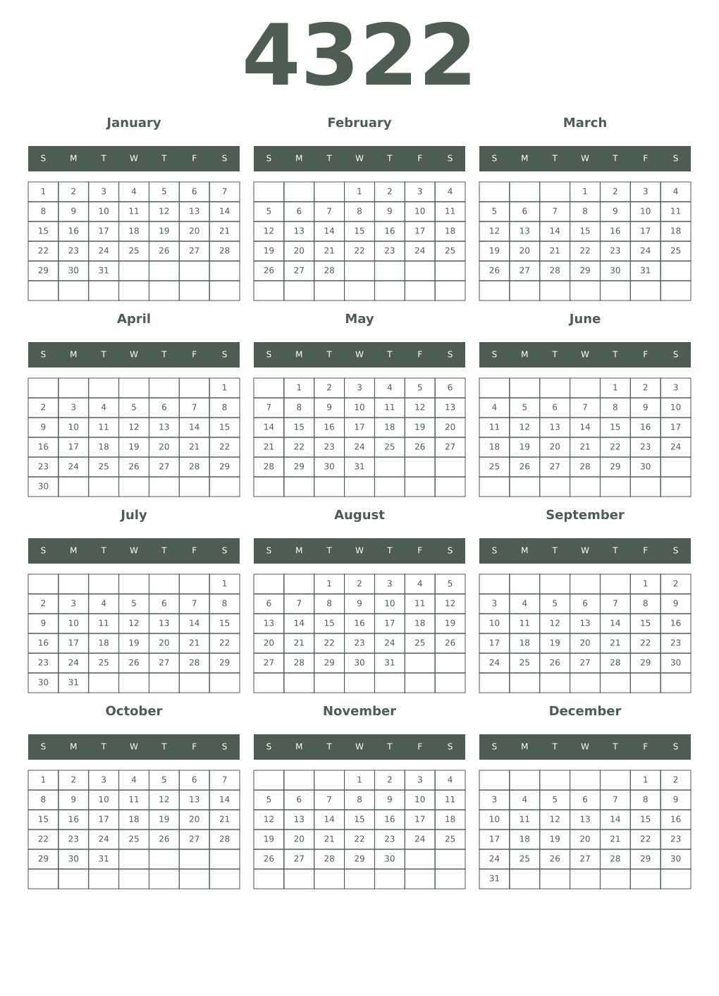 Printable 4322 Year Calendars feldgrau