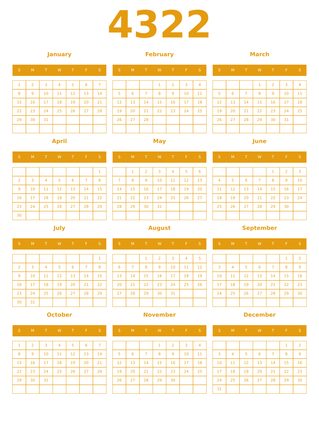 Printable 4322 Year Calendars gamboge