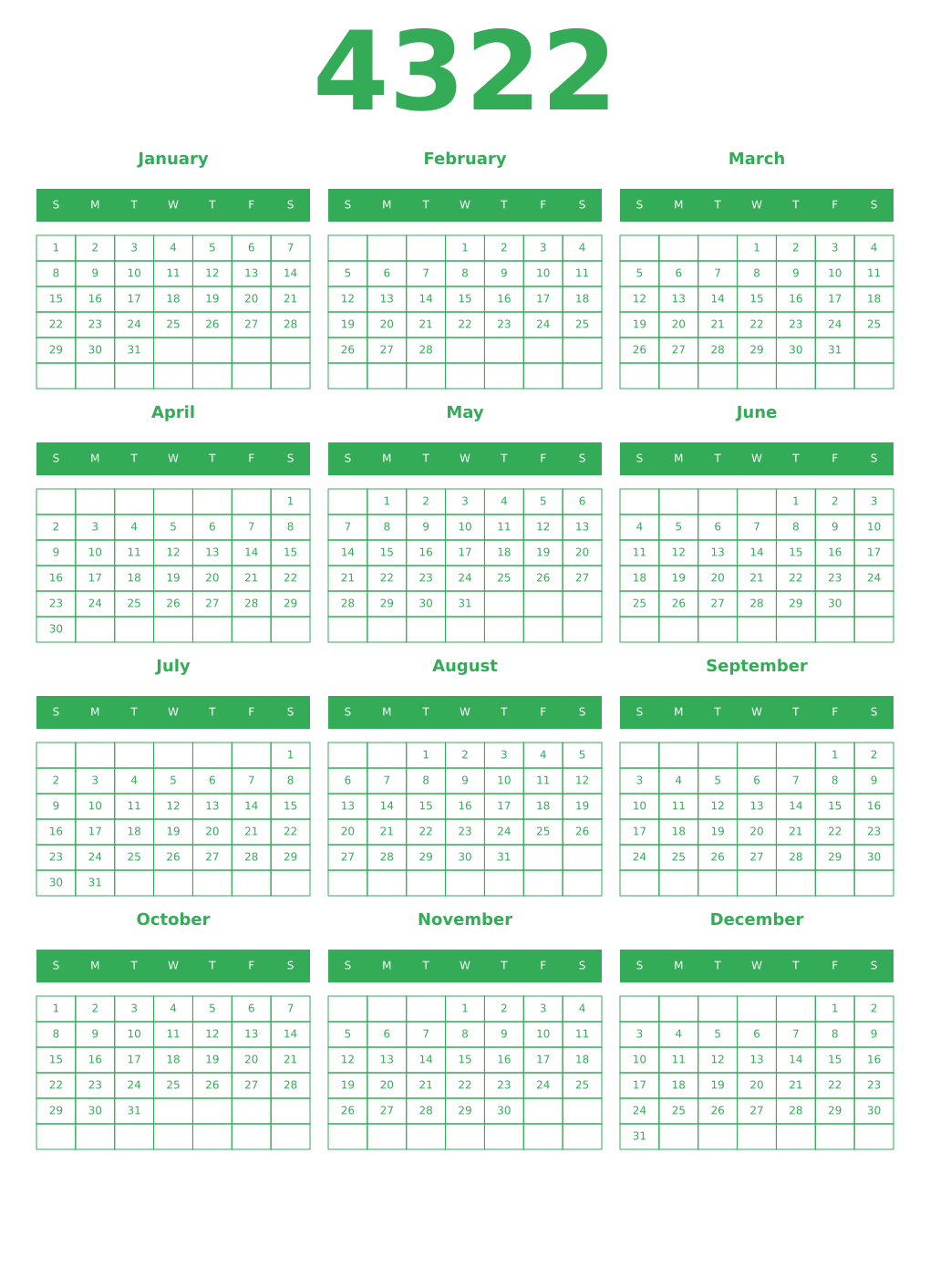 Printable 4322 Year Calendars green