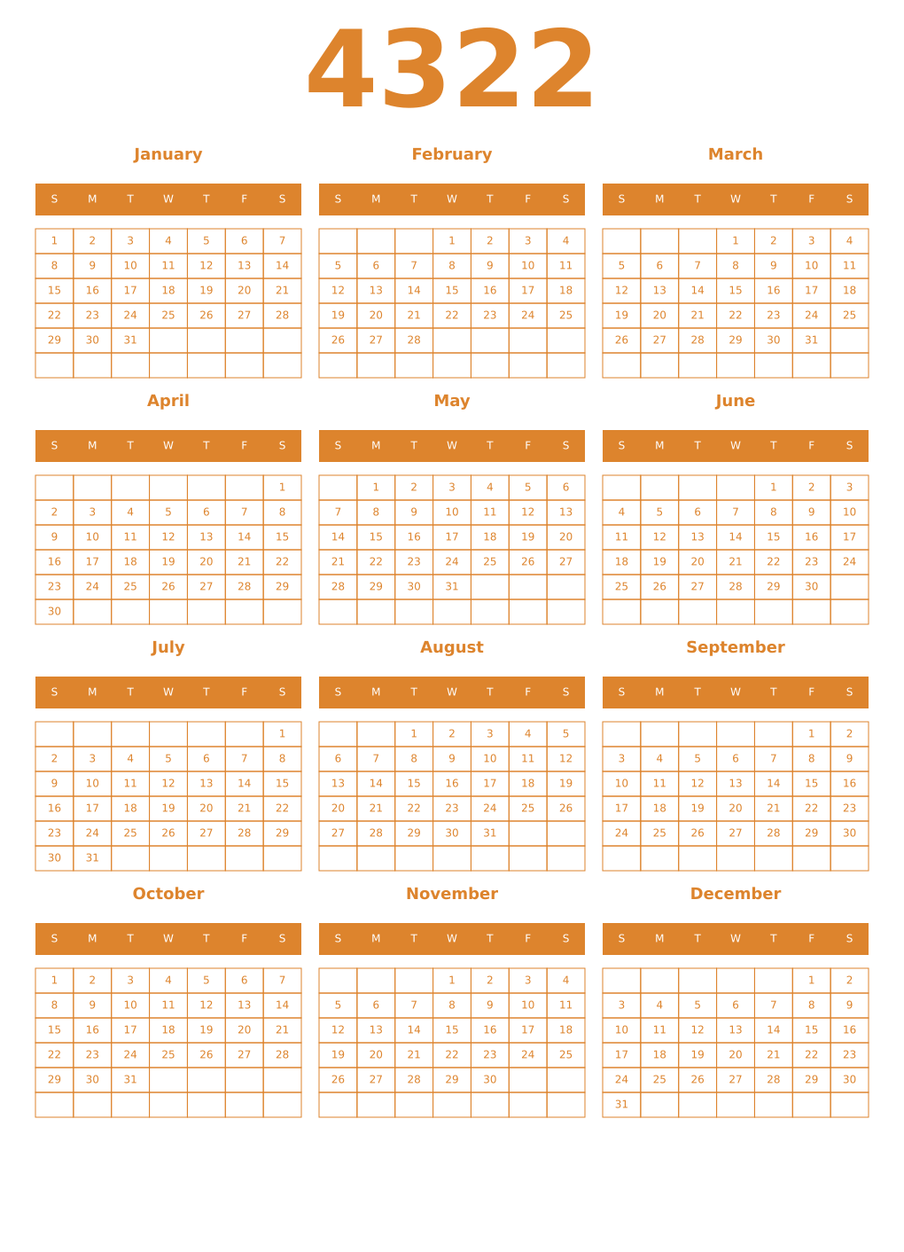 Printable 4322 Year Calendars orange