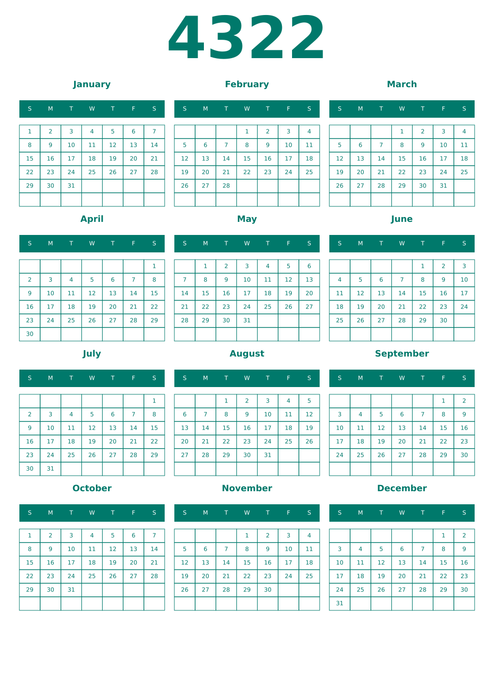 Printable 4322 Year Calendars pastel