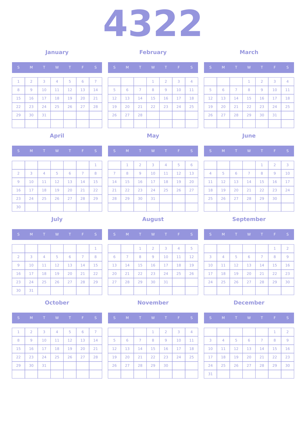 Printable 4322 Year Calendars periwinkle