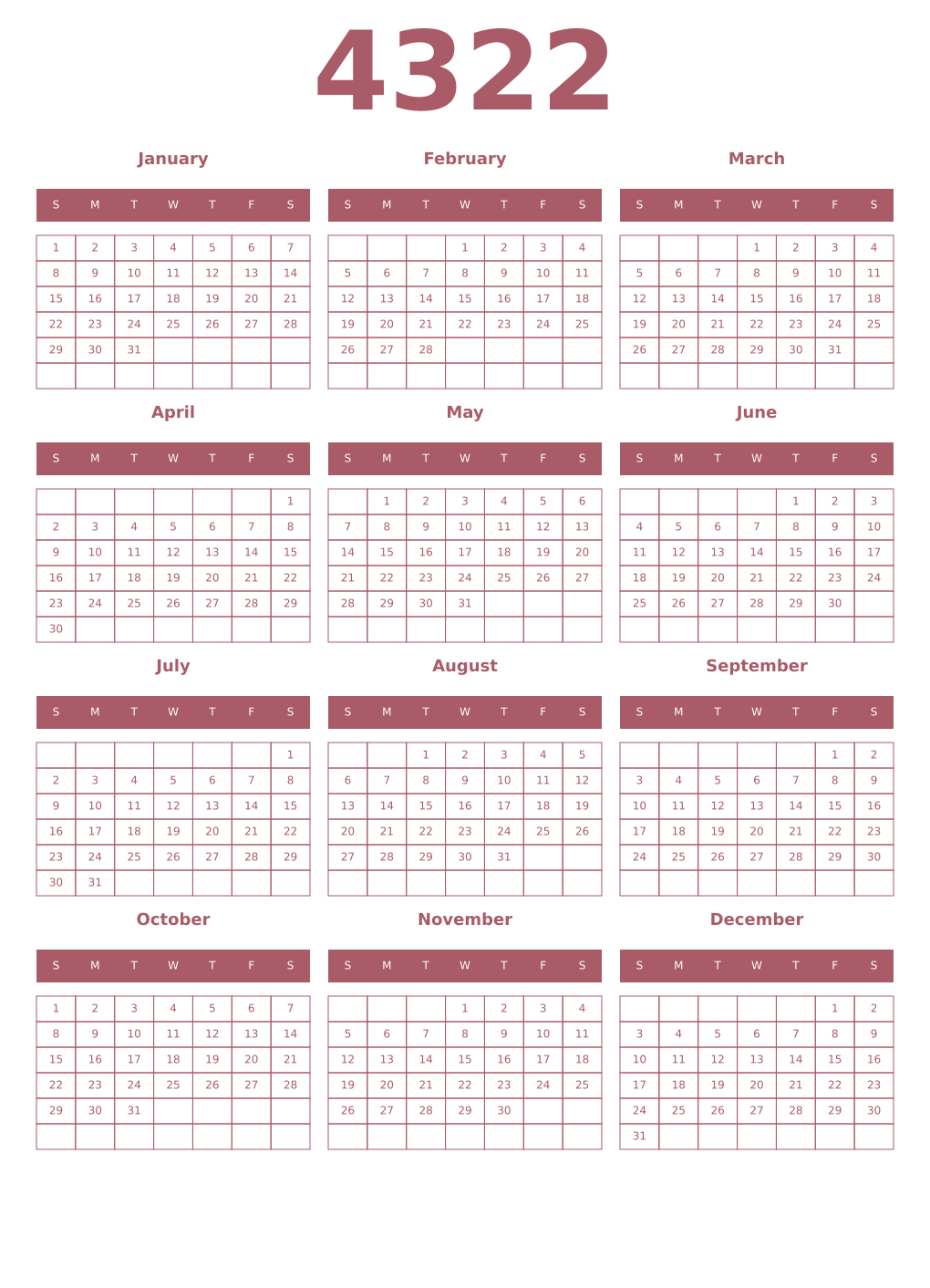 Printable 4322 Year Calendars puce
