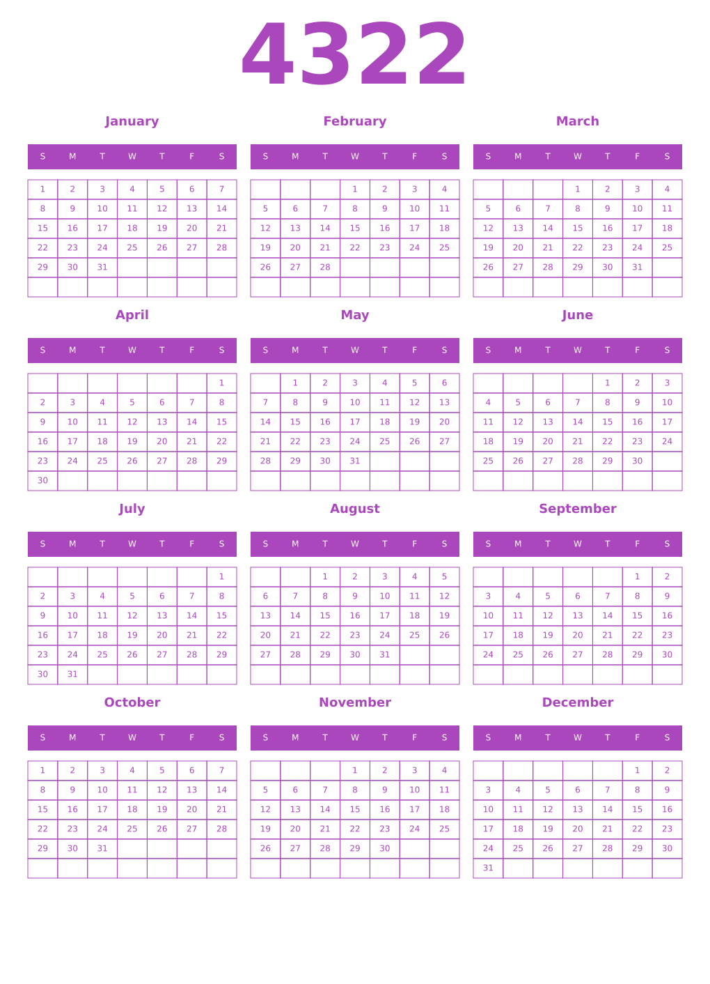 Printable 4322 Year Calendars purple