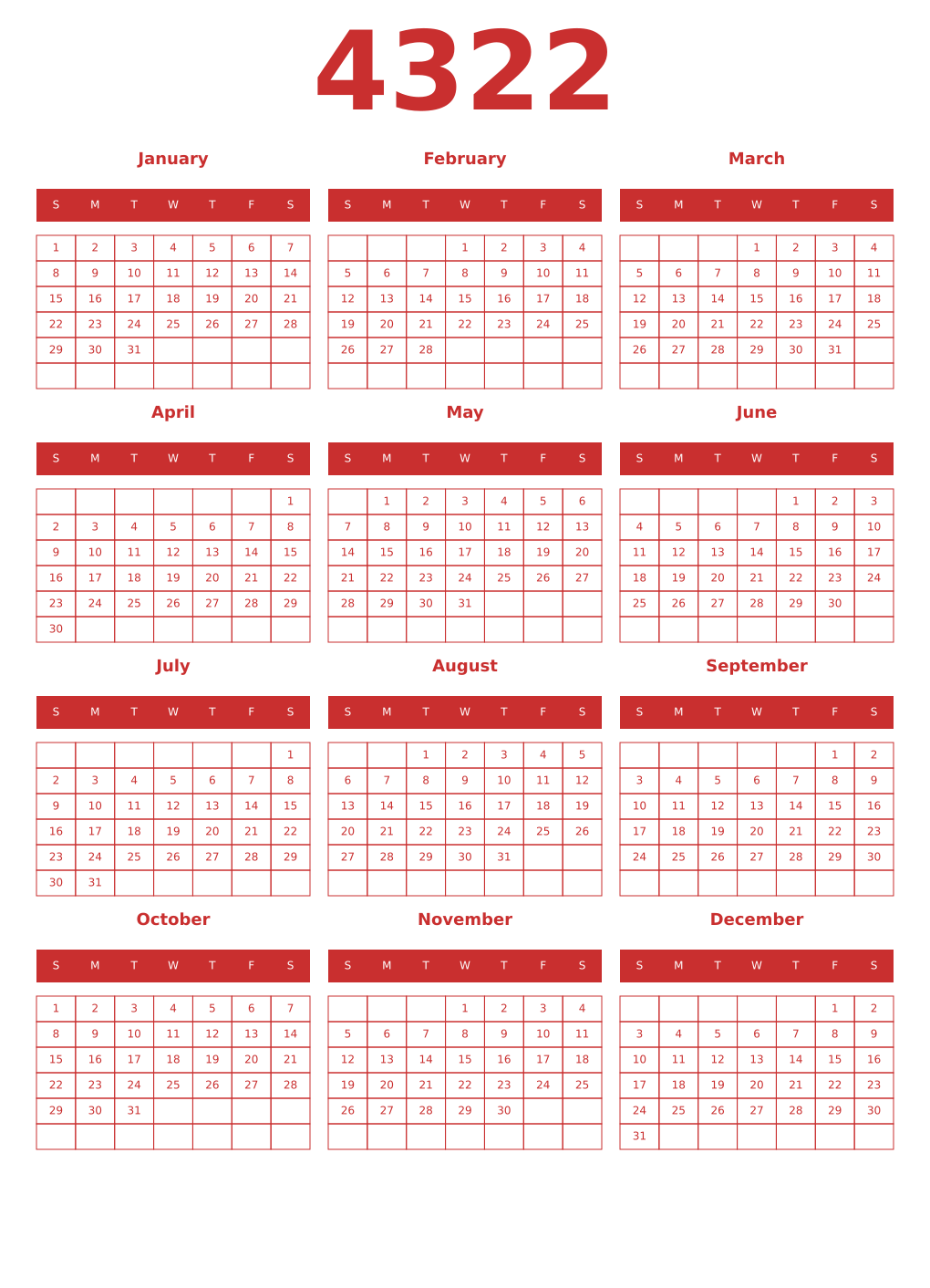 Printable 4322 Year Calendars red
