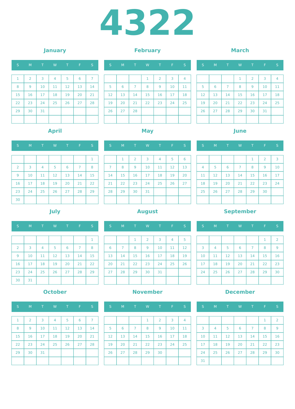 Printable 4322 Year Calendars verdigris
