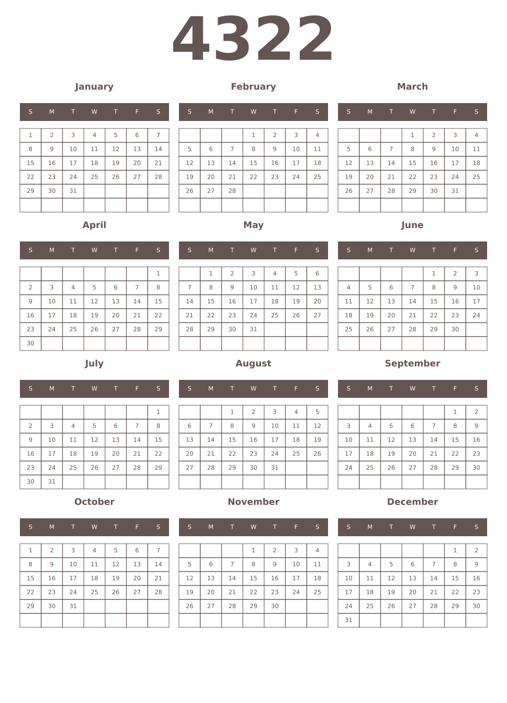 Printable 4322 Year Calendars wenge