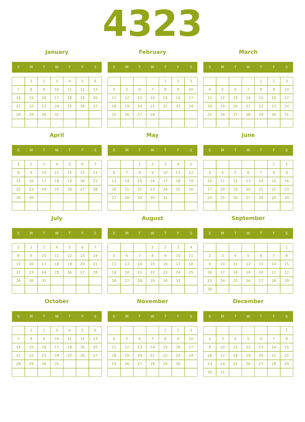 Printable 4323 Year Calendars chartreuse