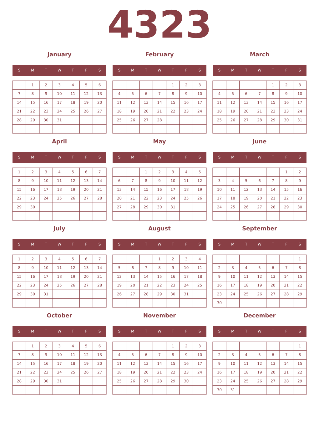 Printable 4323 Year Calendars cordovan