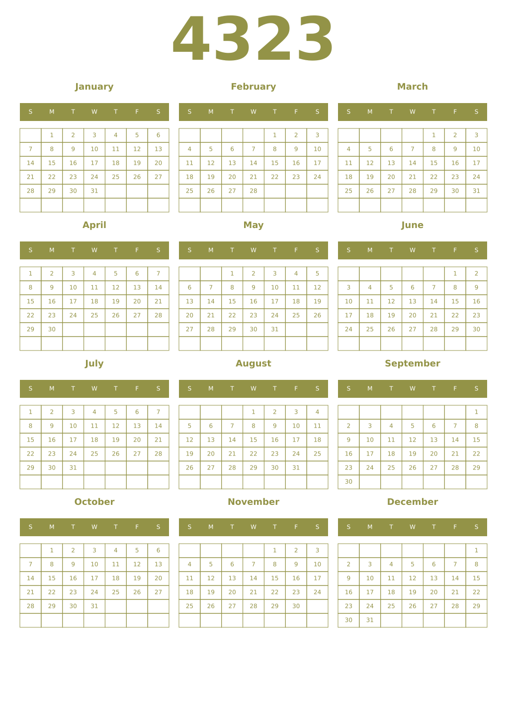Printable 4323 Year Calendars eburnean