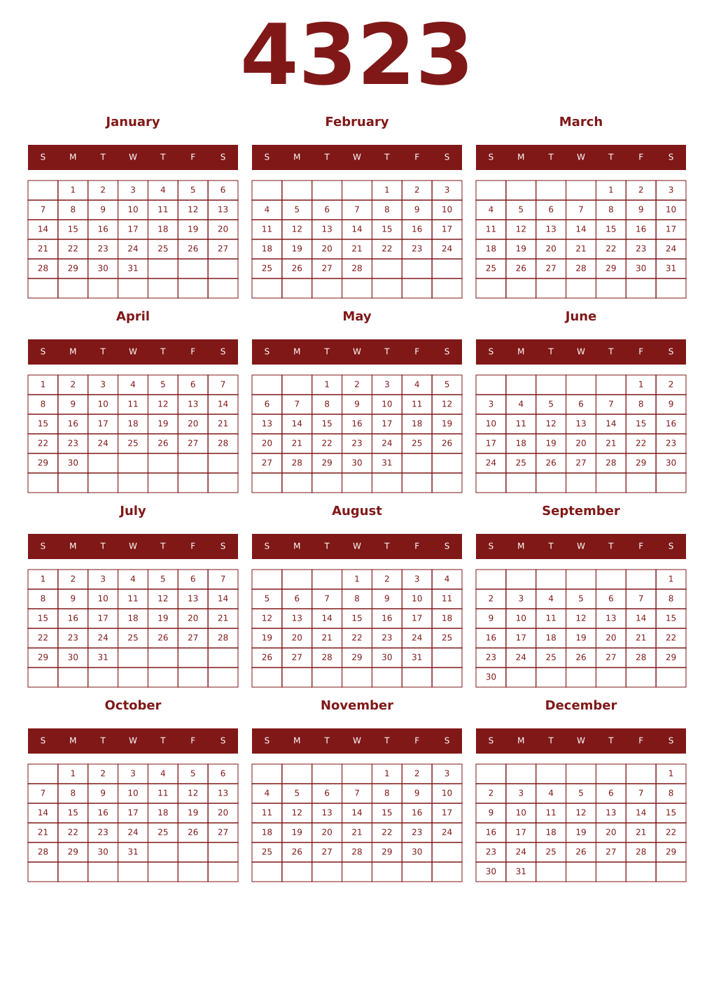 Printable 4323 Year Calendars falu