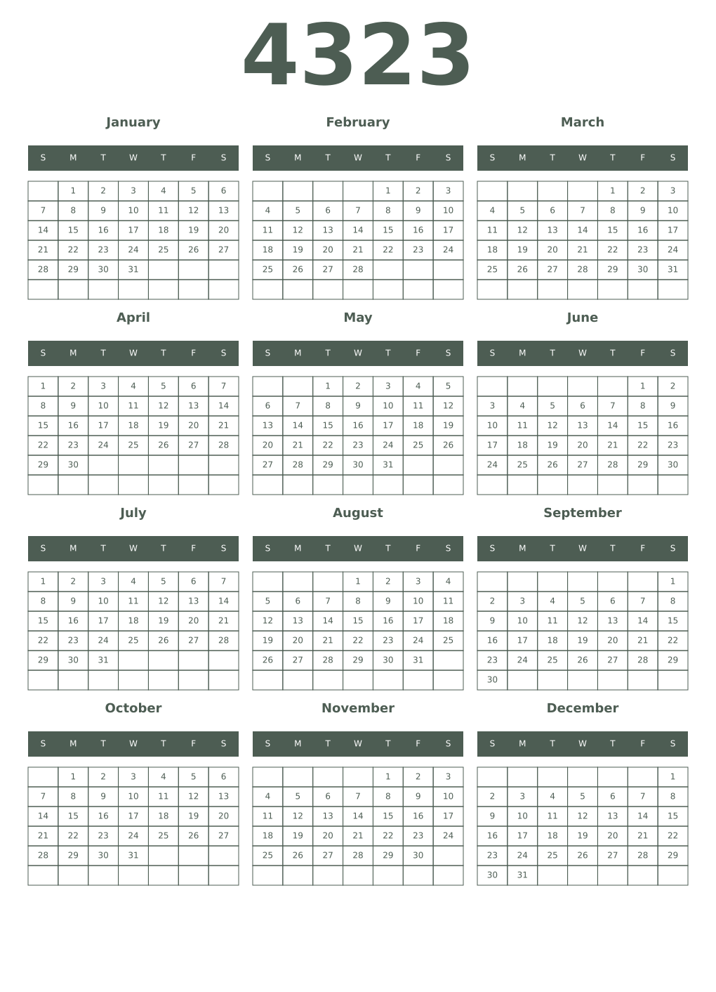 Printable 4323 Year Calendars feldgrau