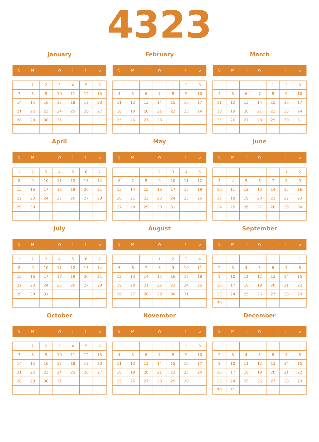 Printable 4323 Year Calendars orange