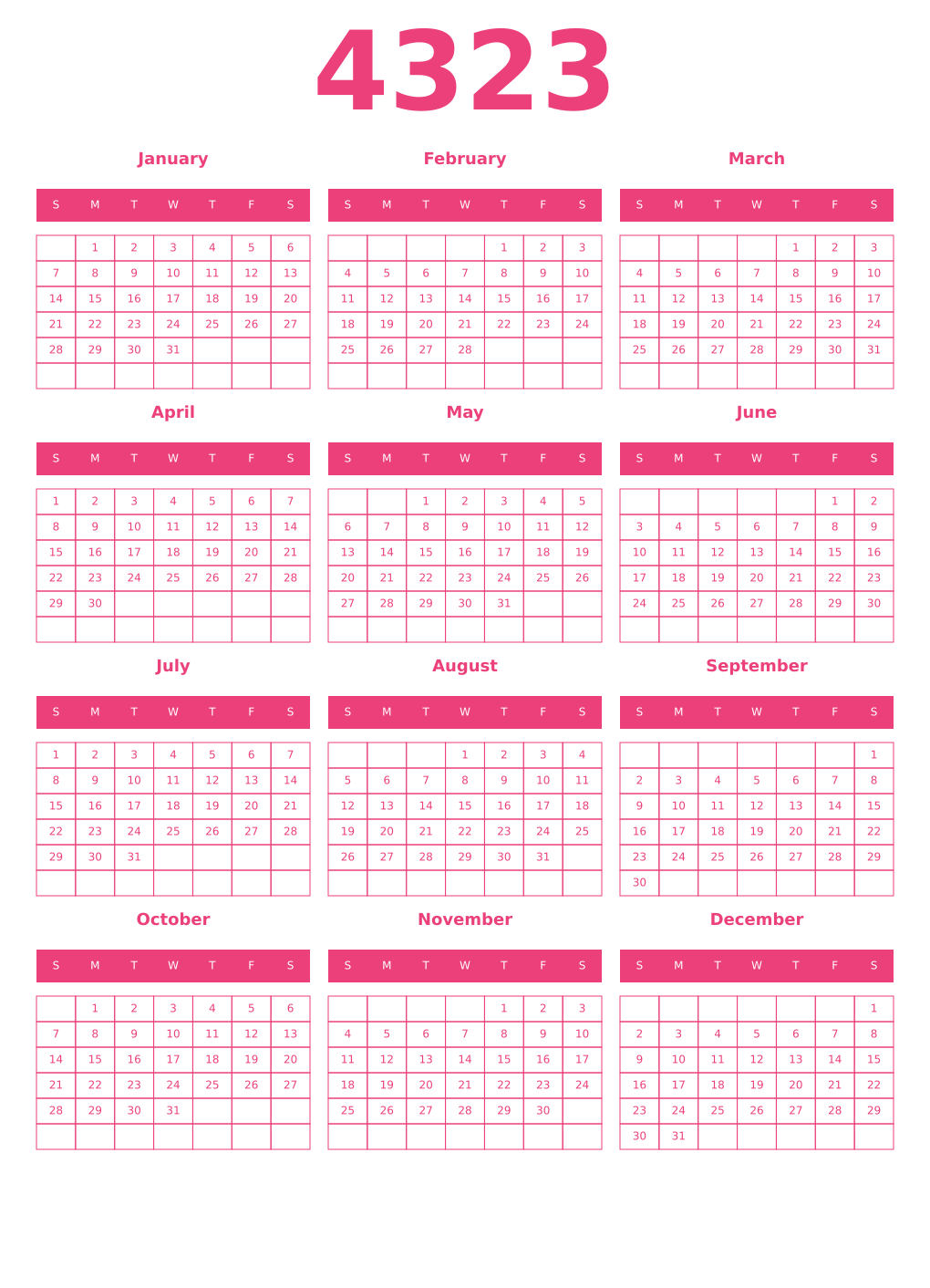 Printable 4323 Year Calendars pink