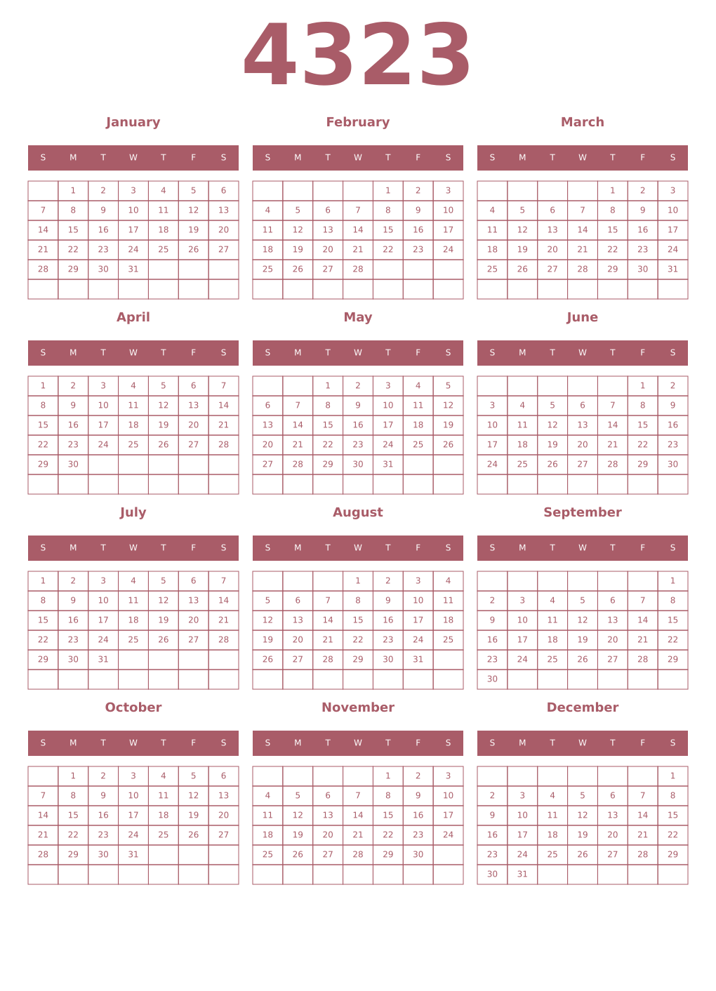 Printable 4323 Year Calendars puce