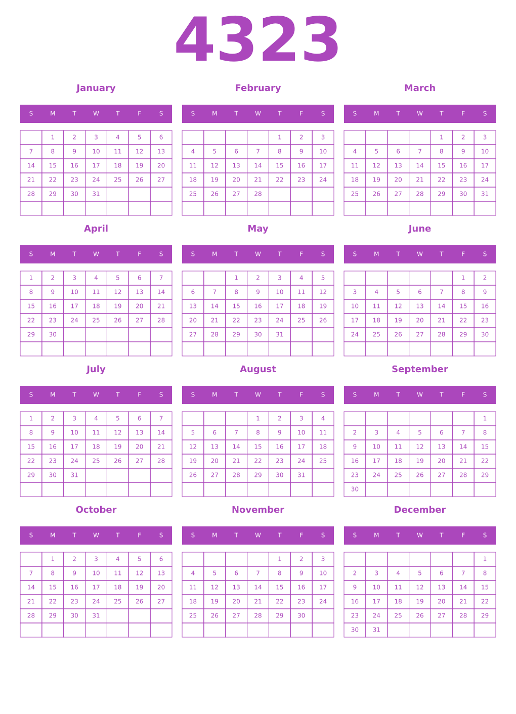 Printable 4323 Year Calendars purple