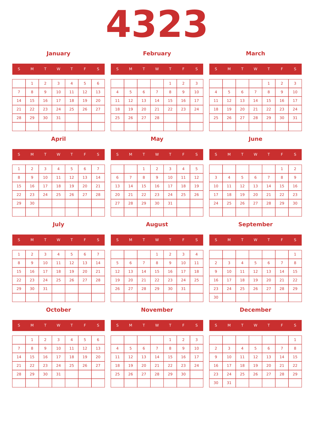 Printable 4323 Year Calendars red
