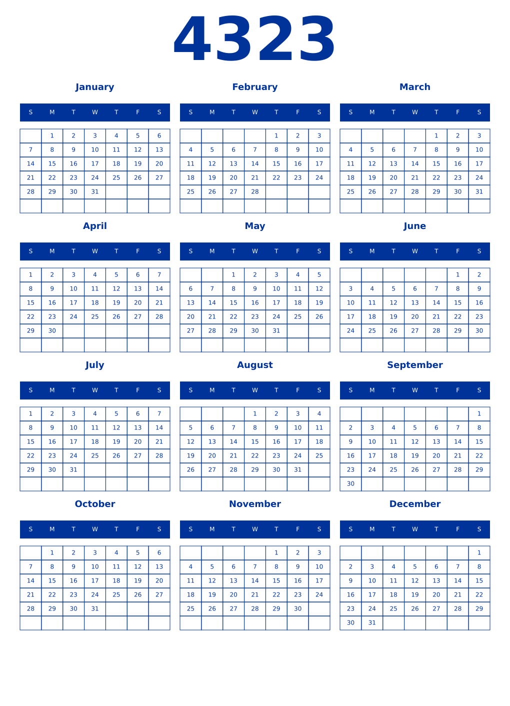 Printable 4323 Year Calendars smalt