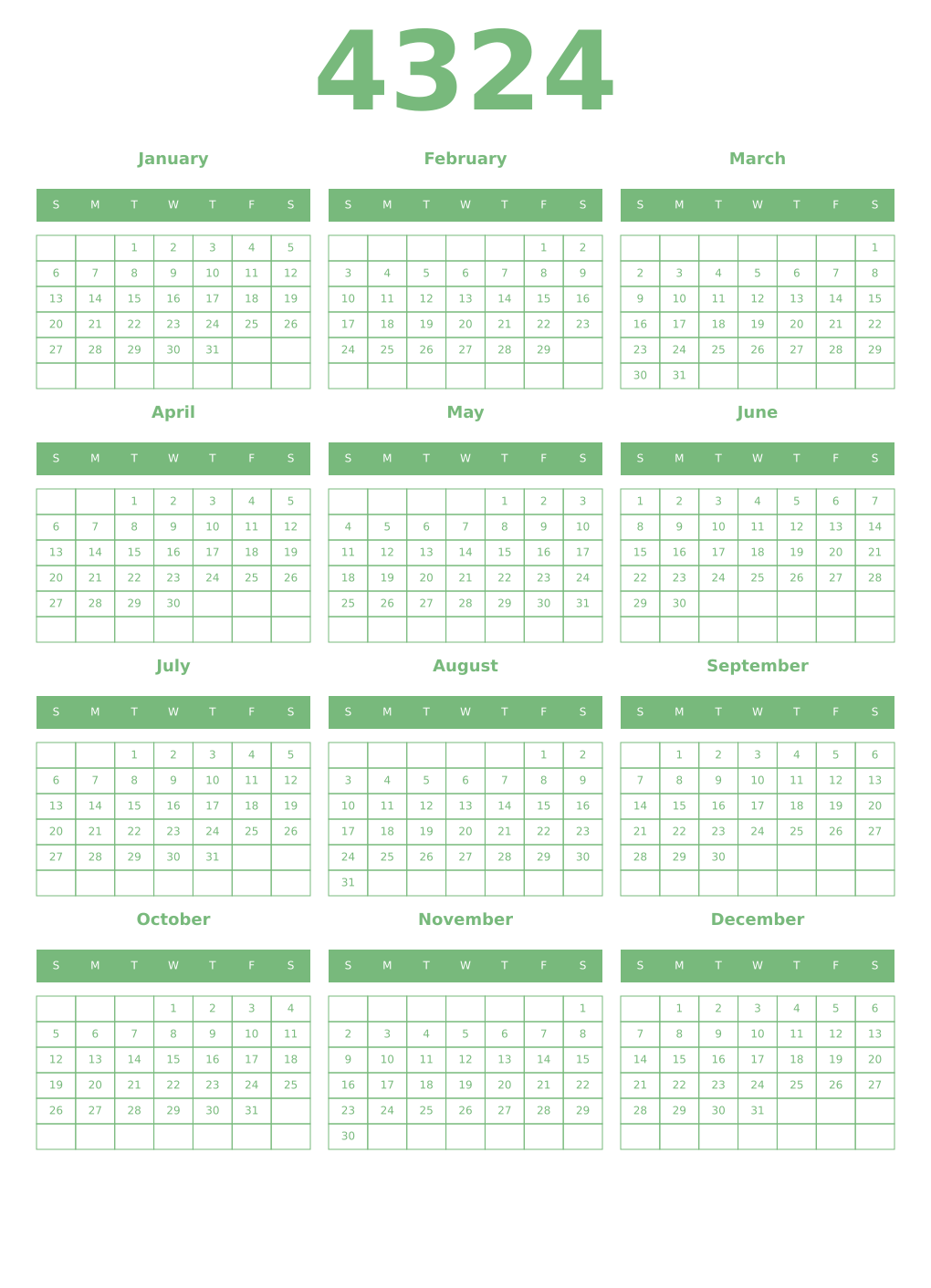 Printable 4324 Year Calendars celadon