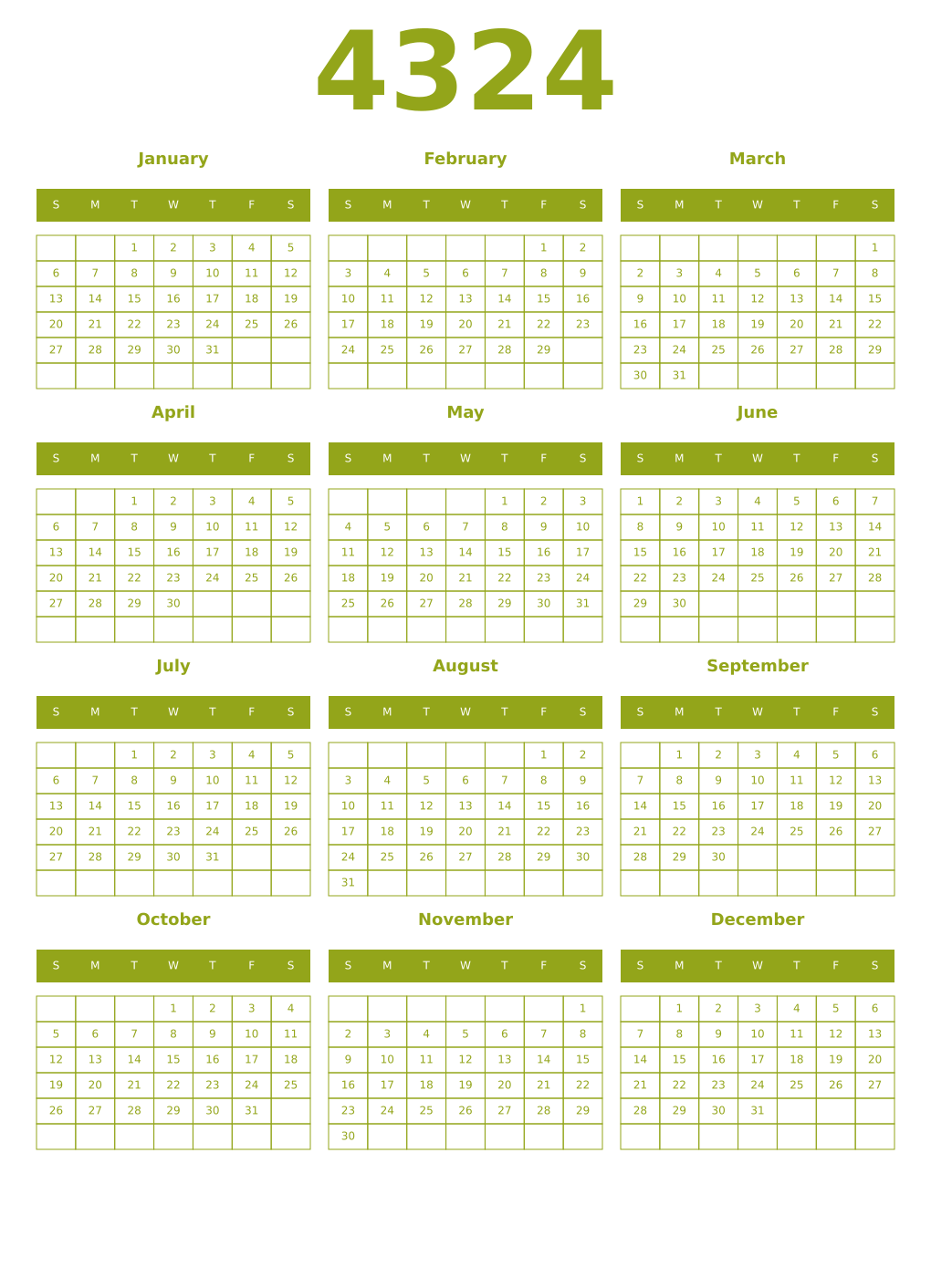 Printable 4324 Year Calendars chartreuse