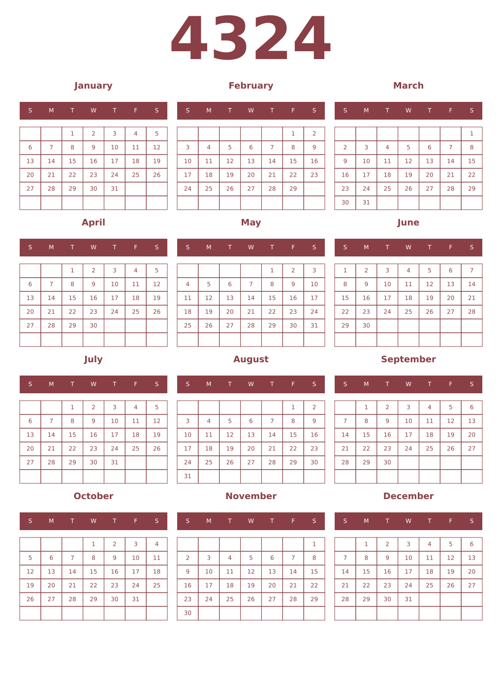 Printable 4324 Year Calendars cordovan