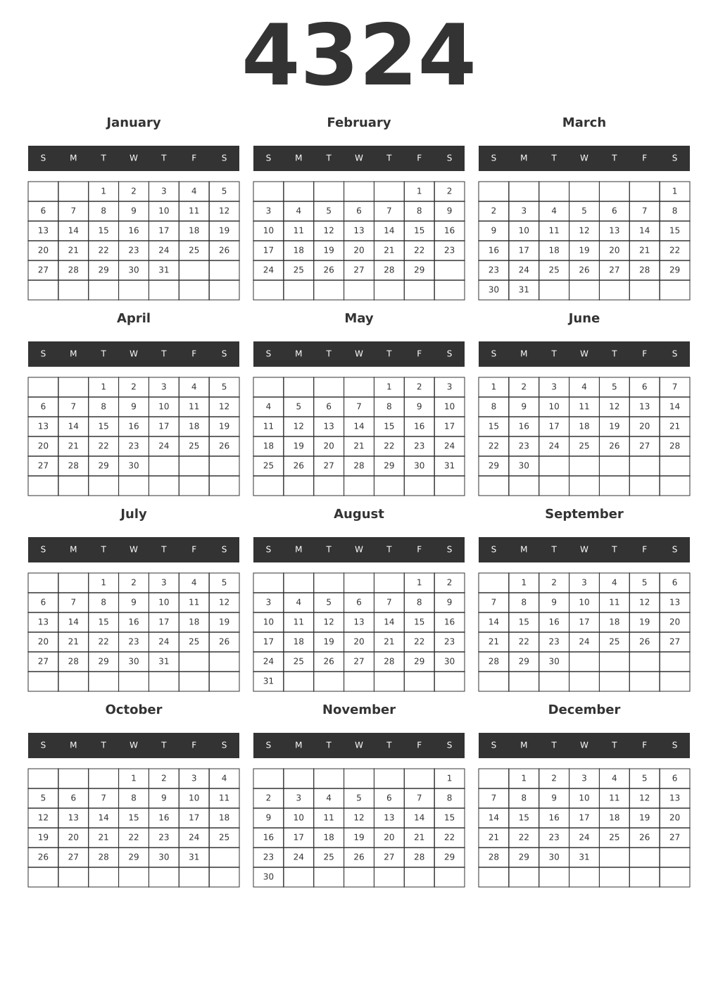 Printable 4324 Year Calendars dark
