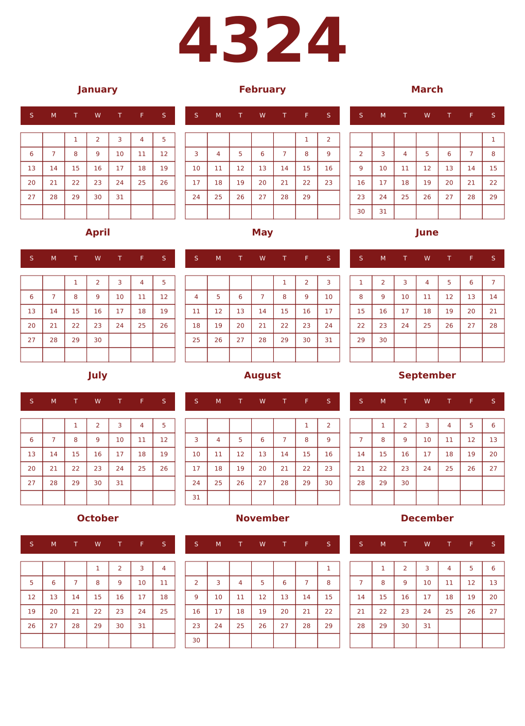 Printable 4324 Year Calendars falu