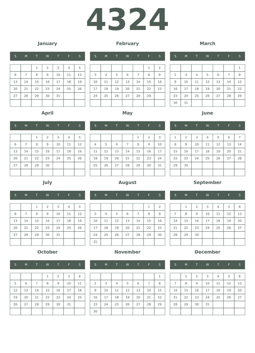 Printable 4324 Year Calendars feldgrau