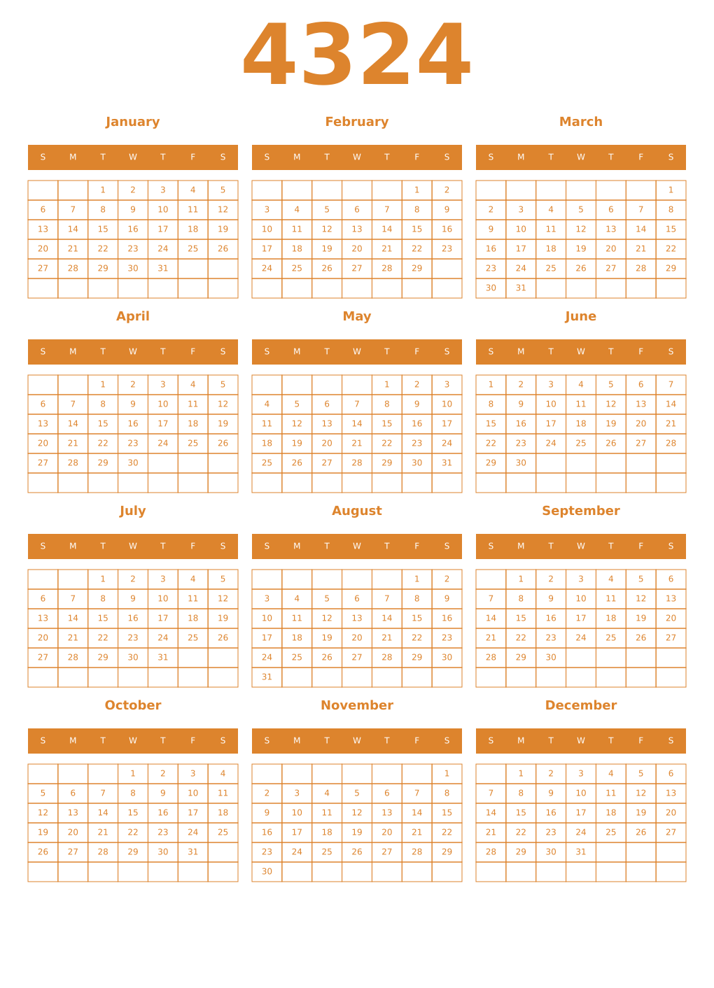 Printable 4324 Year Calendars orange
